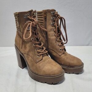 GBG Los Angeles Women Brown Faux Suede Lace Up Side Zip Platform Heel Boots 5.5M